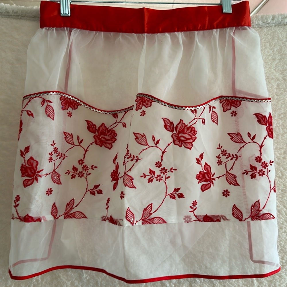 VINTAGE Handmade sheer apron with 20”ties. Floral stitched with sparkly sequins.